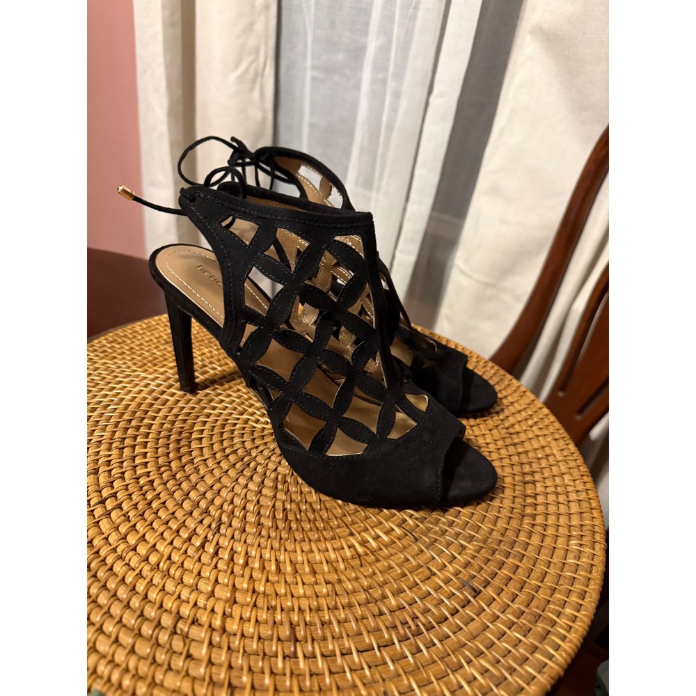 BCBGeneration Black Suede Cage Lace Up Stiletto Heels Open Toe Sandals 9M
